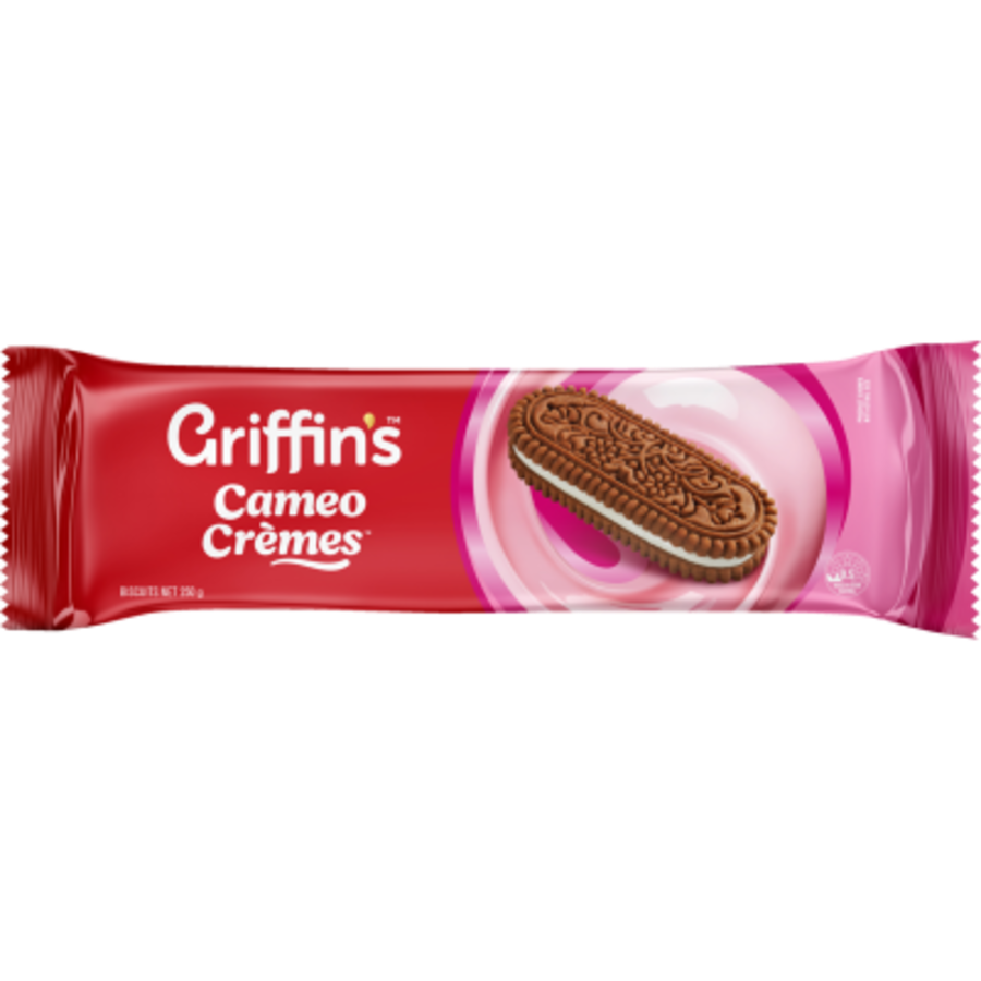 A 250g pack of Griffins Cameo Cremes featuring chocolate flavored sandwich biscuits with a signature vanilla creme filling.