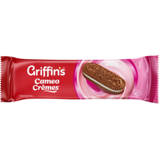 A 250g pack of Griffins Cameo Cremes featuring chocolate flavored sandwich biscuits with a signature vanilla creme filling.