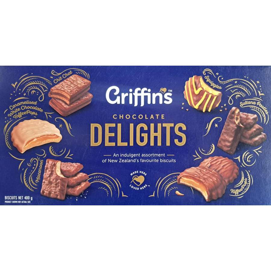 Griffins Chocolate Delights Biscuits Assortment 500g box featuring a selection of favorite New Zealand chocolate biscuits.