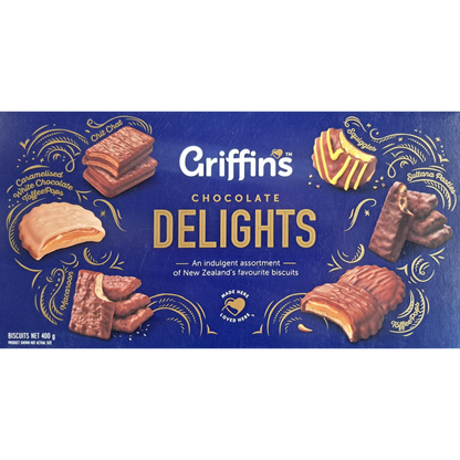 Griffins Chocolate Delights Biscuits Assortment 500g box featuring a selection of favorite New Zealand chocolate biscuits.