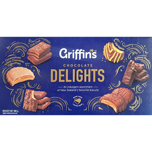 Griffins Chocolate Delights Biscuits Assortment 500g box featuring a selection of favorite New Zealand chocolate biscuits.