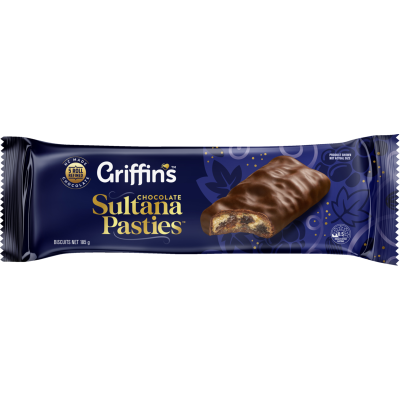 Griffin’s Chocolate Sultana Pasties 185g pack showing dark chocolate coated biscuits with a chewy fruit filling.