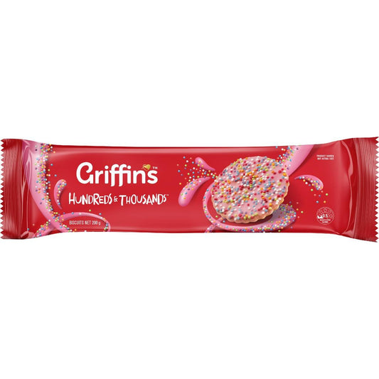 Griffin’s Hundreds and Thousands biscuits featuring pink icing and colorful sprinkles in a 200g pack