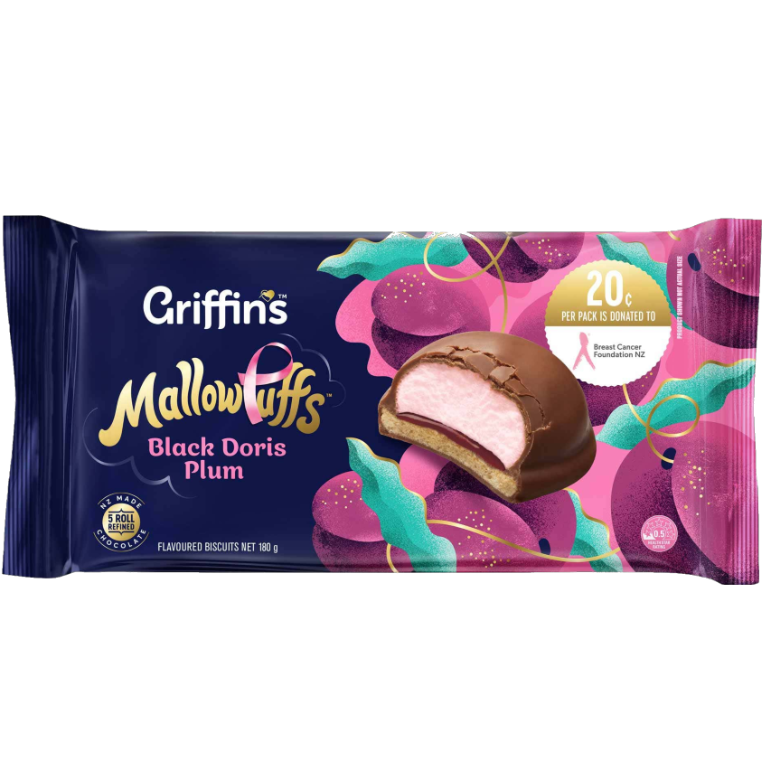 Griffin's MallowPuffs Black Doris Plum 180g pack featuring marshmallow and plum filling chocolate biscuits
