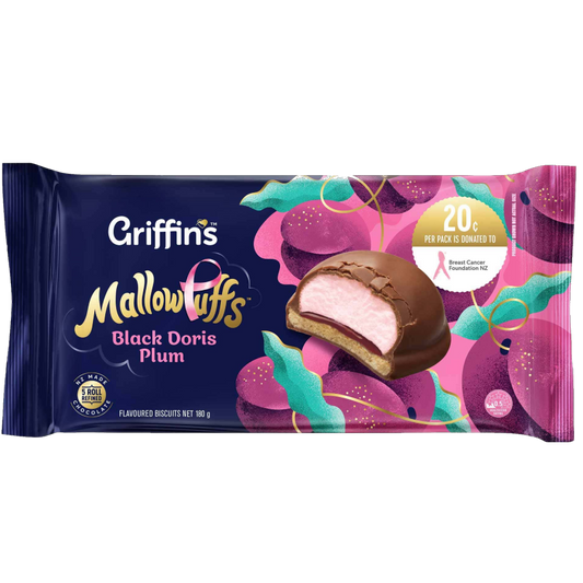 Griffin's MallowPuffs Black Doris Plum 180g pack featuring marshmallow and plum filling chocolate biscuits