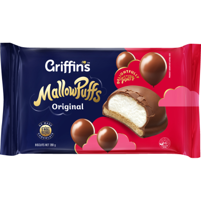 Griffin’s MallowPuffs Original chocolate biscuits featuring fluffy marshmallow on a shortcake base covered in milk chocolate