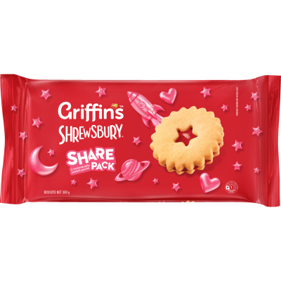 Griffins Shrewsbury Biscuits 350g pack featuring heart-shaped shortbread cookies with a red strawberry jam center.
