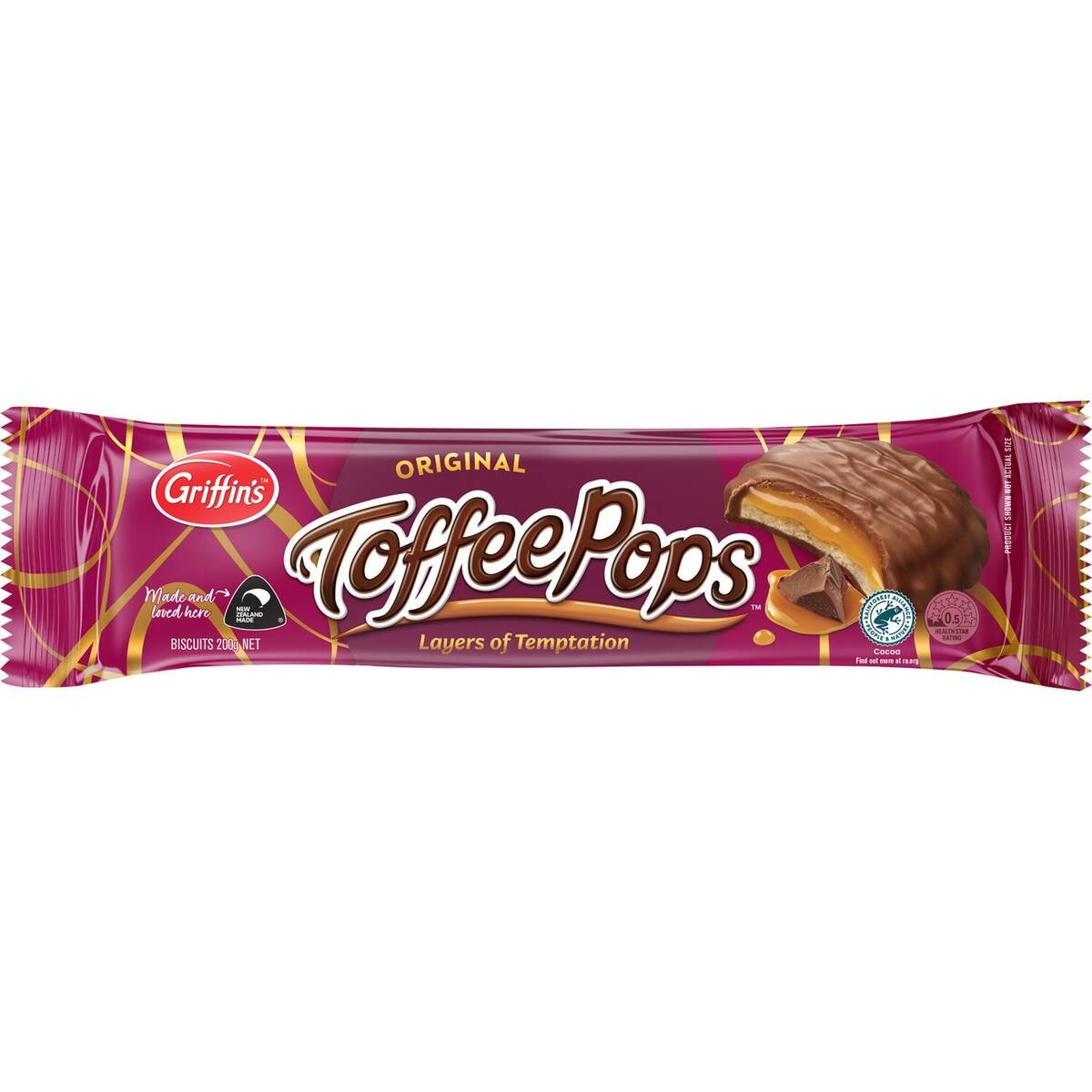 Griffins Toffee Pops Original 200g chocolate biscuits featuring a crisp base with smooth toffee and a milk chocolate coating.
