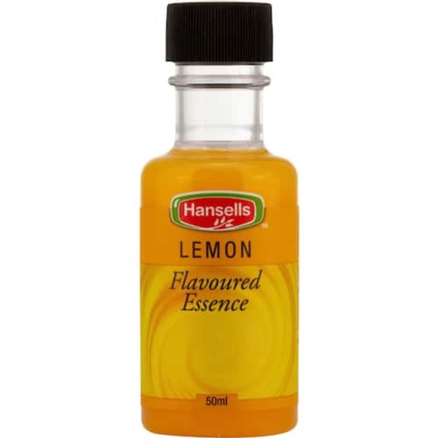 A 50ml bottle of Hansells Lemon Flavoured Essence, a popular New Zealand baking ingredient crafted with natural lemon oil.