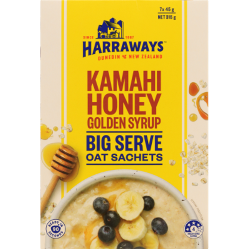 Harraways Oat Sachets Kamahi and Golden Syrup 315g box with quick cook oat sachets and honey bowl image