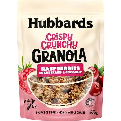 Bag of Hubbards Granola Raspberry Cranberry Coconut 400g featuring crunchy grains, seeds, and cashews.