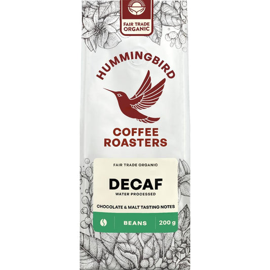 Hummingbird Coffee Decaf 200g bag of whole beans organic and fair trade certified from New Zealand