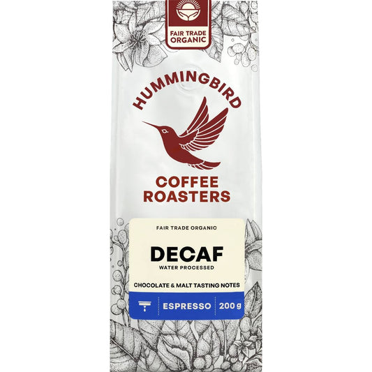 Hummingbird Coffee Espresso Decaf 200g bag of ground organic fair trade coffee from New Zealand