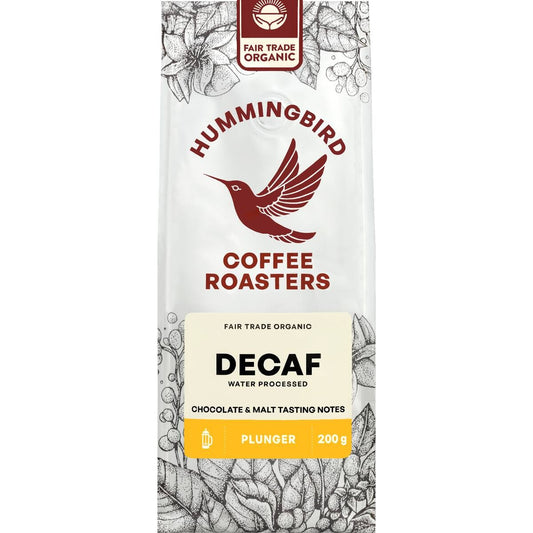 Hummingbird Coffee Plunger Decaf 200g bag of ground organic fair trade coffee from New Zealand