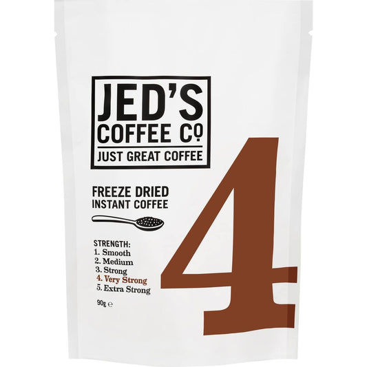 Jeds Instant Coffee No 4 Very Strong 90g refill pack showing freeze dried coffee granules in a stand-up pouch.