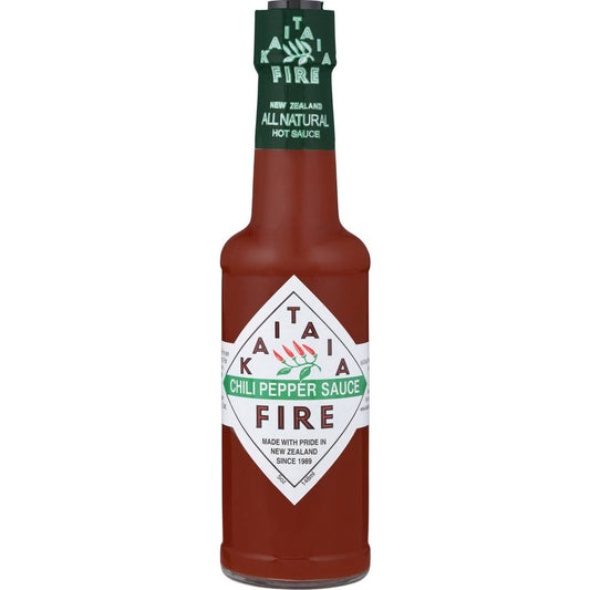 A bottle of Kaitai Fire Chili Pepper Sauce on a plain white background. The bottle is filled with a dark red sauce, featuring the signature white diamond label with green and red text, and a dark green neck label.