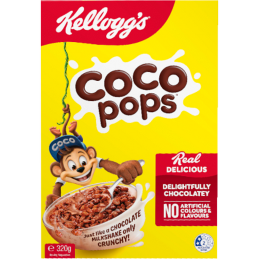A 320g box of Kellogg's Coco Pops chocolate toasted rice cereal from New Zealand