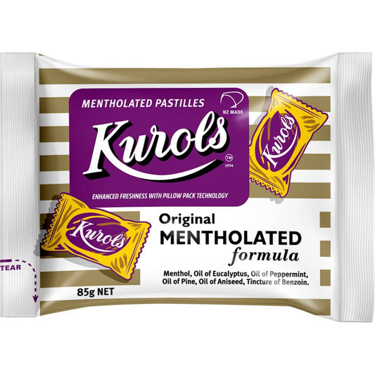 Kurols Original Mentholated Lozenges 85g bag for sore throat and cough relief from New Zealand.