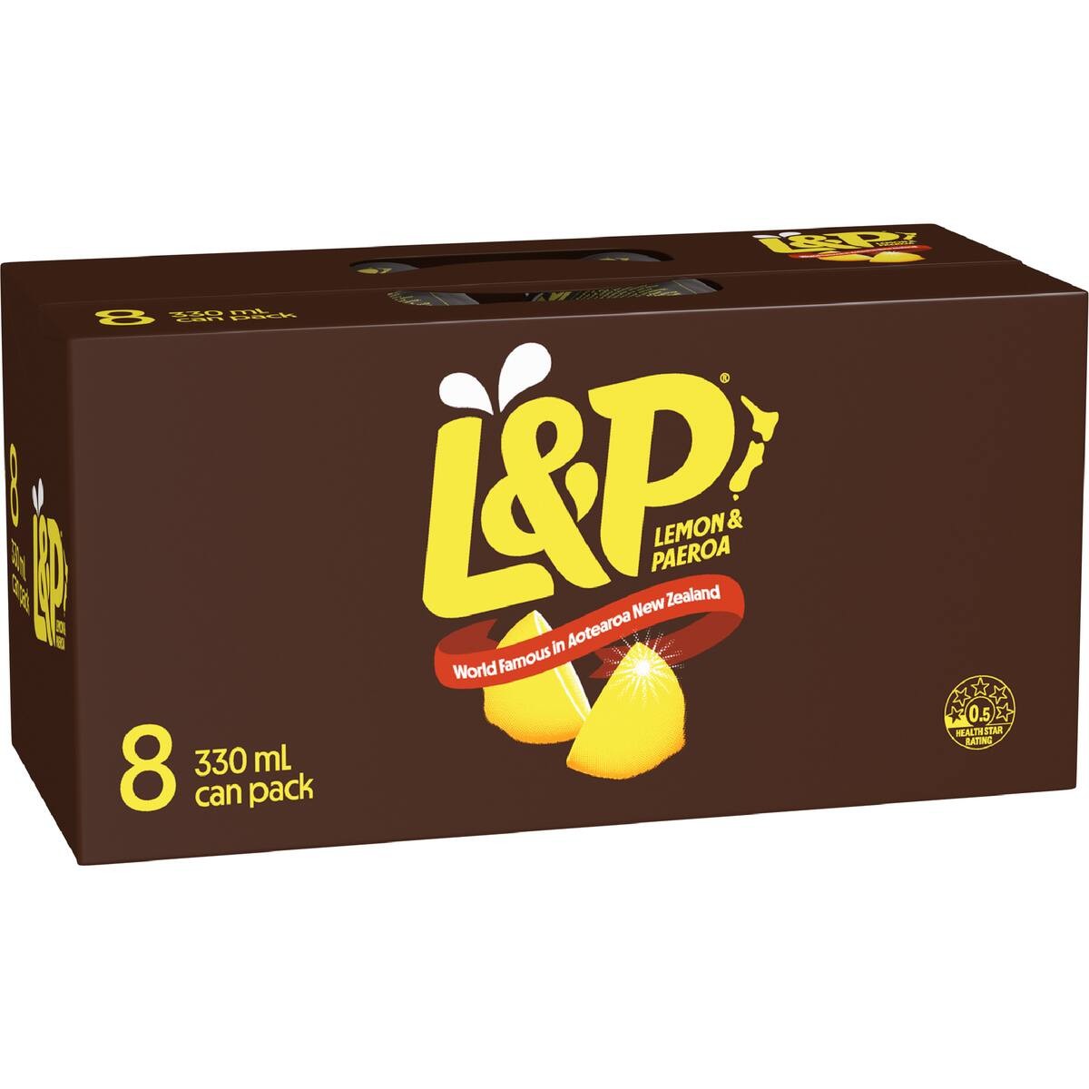 L&P Lemon and Paeroa soft drink 8 pack of 330ml cans featuring the iconic brown and yellow New Zealand branding