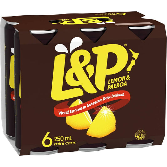 Six pack of Lemon and Paeroa L&P soft drink 250ml cans featuring iconic New Zealand brown and yellow branding