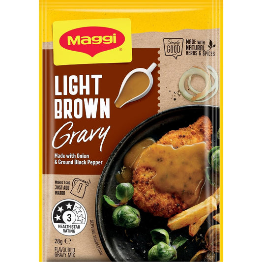 Maggi Light Brown Gravy packet with food image on a white background