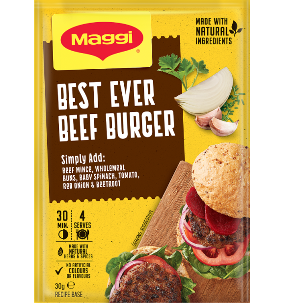 Maggi Best Ever Beef Burger Recipe Base 32g sachet featuring a juicy burger with New Zealand herbs and spices.