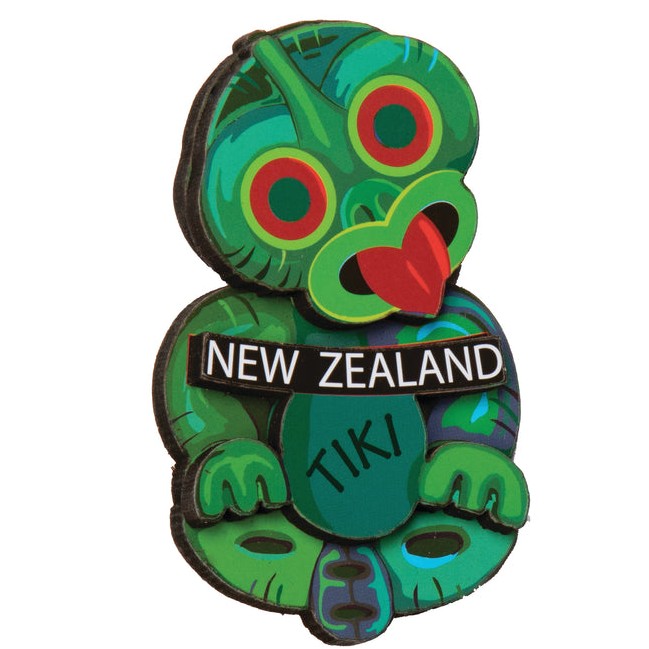 3D wooden Tiki fridge magnet featuring detailed Māori carving design and New Zealand text.