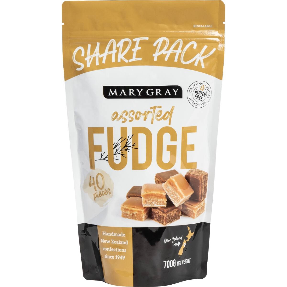 Mary Gray Fudge Assorted Share Pack 700g resealable bag filled with handmade New Zealand fudge pieces