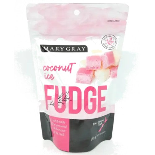 A stand-up pouch of Mary Gray Coconut Ice Fudge, featuring pink and white coconut-flavored fudge pieces on the front, set against a plain white background.