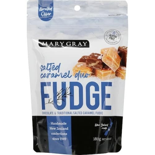 Mary Gray Fudge Salted Caramel 180g bag featuring handcrafted New Zealand salted caramel fudge.