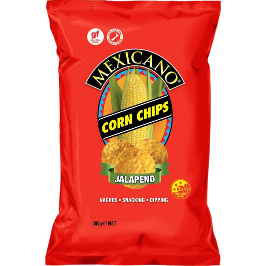 A 300g bag of Mexicano Corn Chips Jalapeño Nachos, Snacking, and Dipping chips, featuring a bright red packaging design with a central graphic of an ear of corn, chips, and flavor labels.