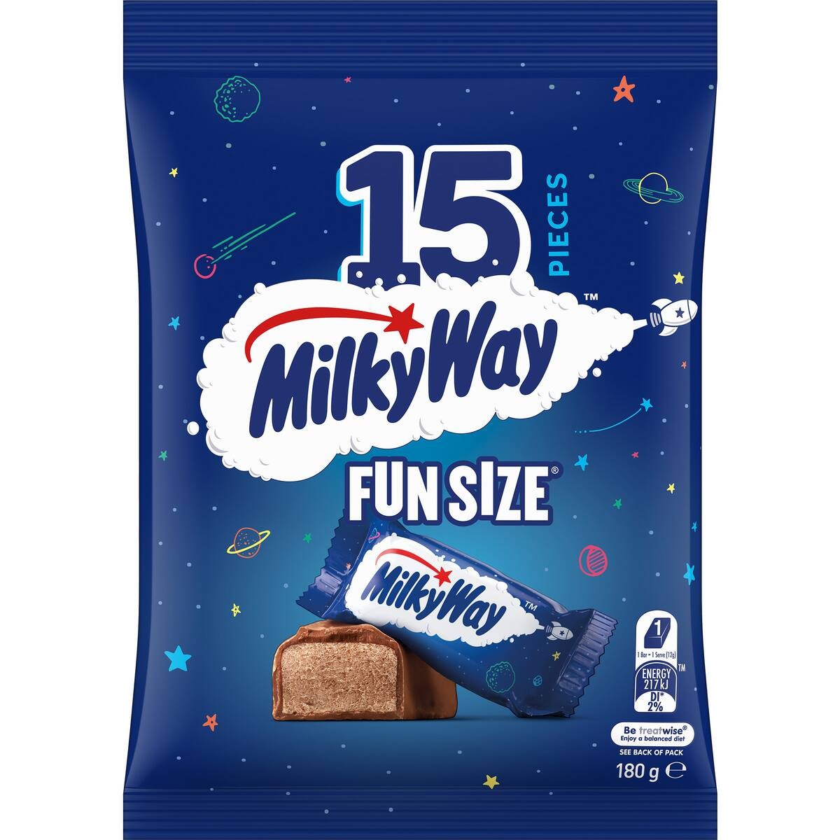 Milky Way Fun Size chocolate bars share bag featuring light malt nougat and milk chocolate.