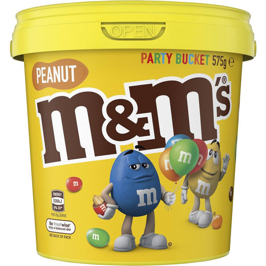 Yellow M&M's Peanut party bucket with cartoon characters on a white background