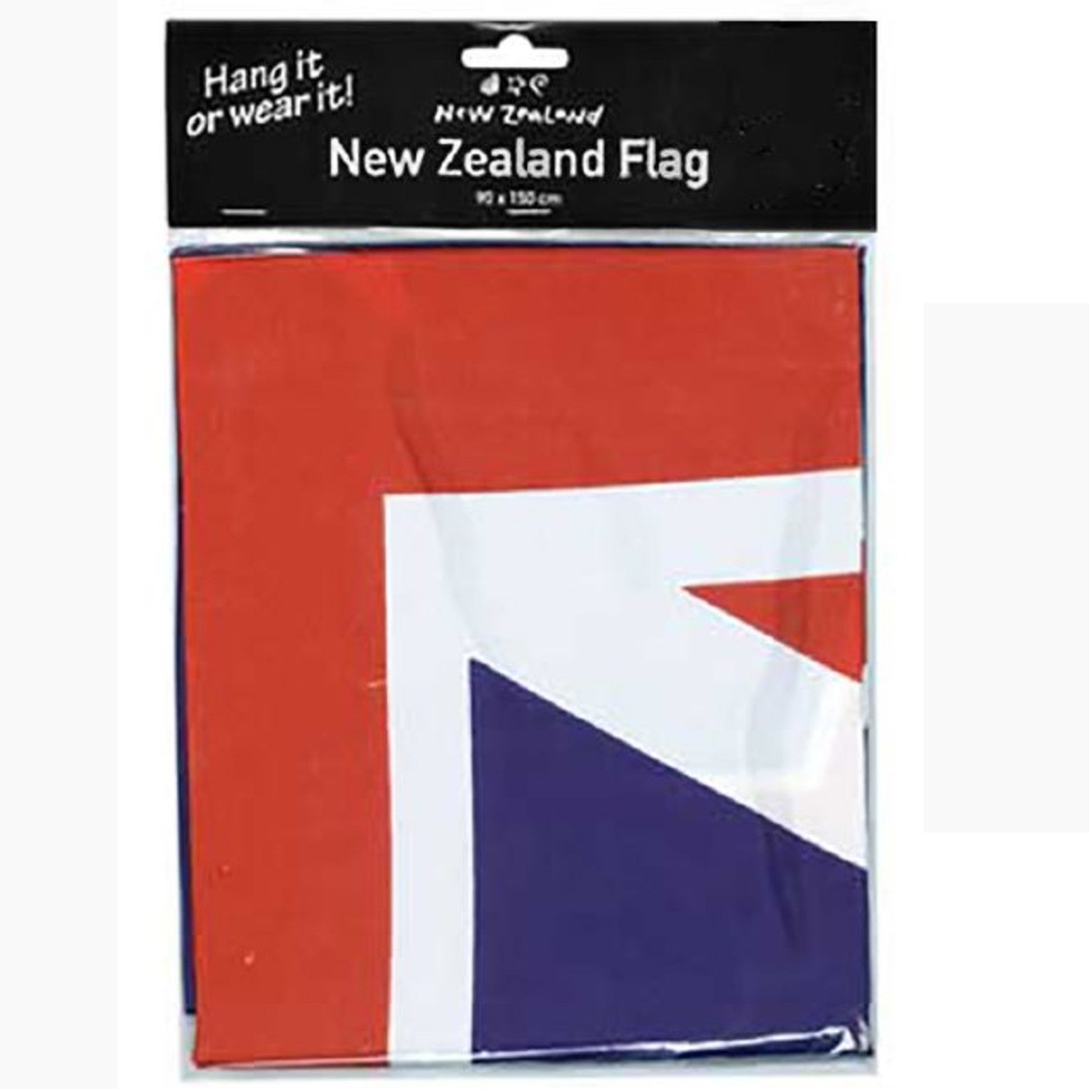 Packaged New Zealand flag party table cover in red, white, and blue, sealed in clear plastic with a black header card that reads 'New Zealand Flag'.