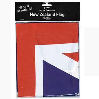 Packaged New Zealand flag party table cover in red, white, and blue, sealed in clear plastic with a black header card that reads 'New Zealand Flag'.