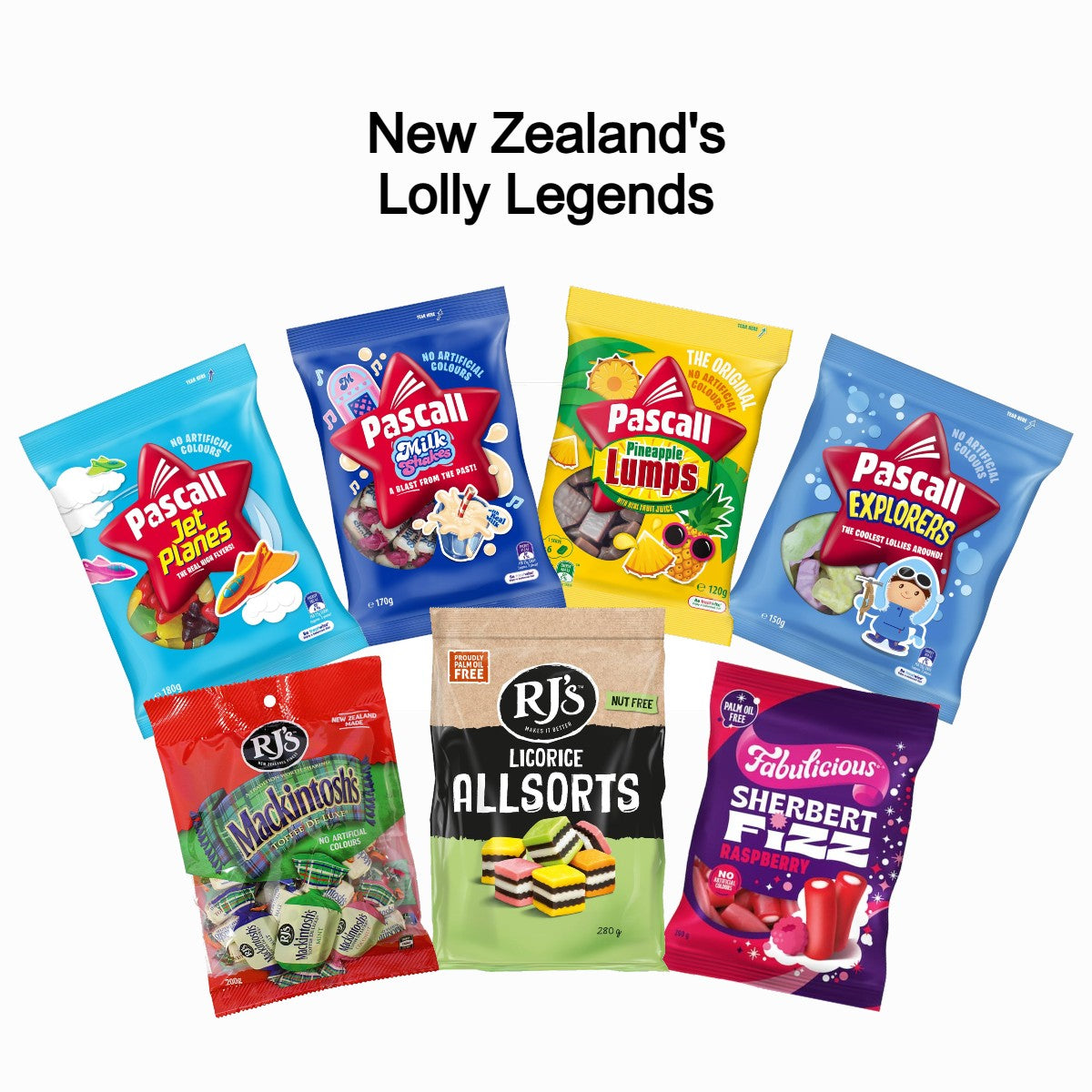 A curated collection of iconic New Zealand lollies including Pascall Pineapple Lumps, Jet Planes, Milk Shakes, and RJ's licorice sweets