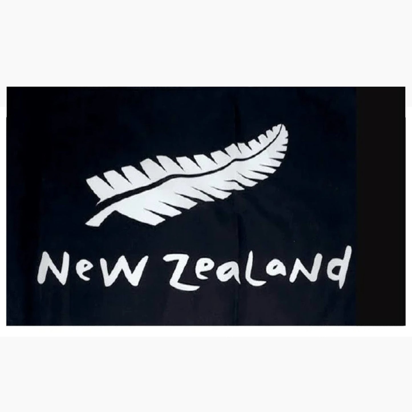 Black New Zealand Silver Fern flag measuring 90cm by 150cm featuring the silver fern and New Zealand text.
