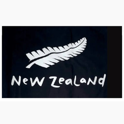 Black New Zealand Silver Fern flag measuring 90cm by 150cm featuring the silver fern and New Zealand text.
