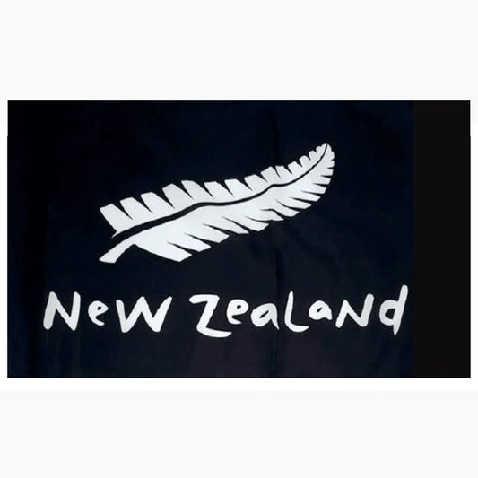 Black New Zealand Silver Fern flag measuring 90cm by 150cm featuring the silver fern and New Zealand text.