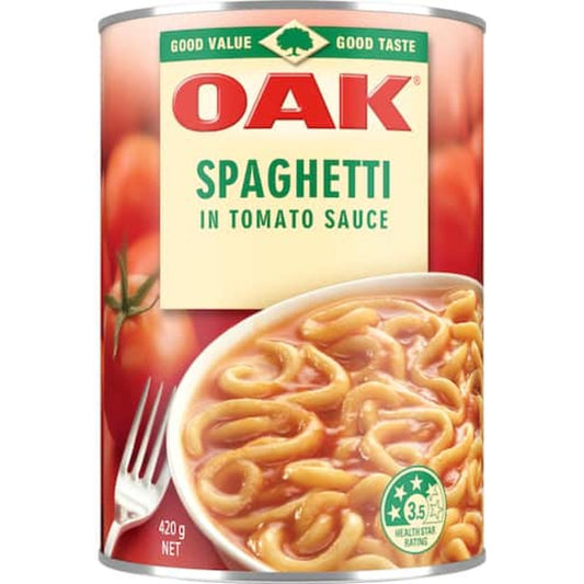 Oak Spaghetti In Tomato Sauce 420g can from New Zealand shown against a white background
