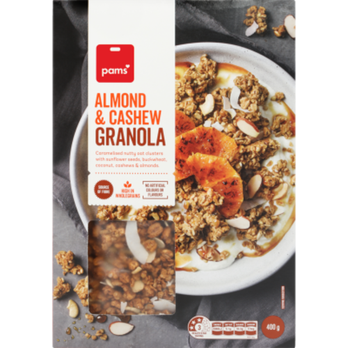 Pams Almond and Cashew Granola 400g box with caramelised oat clusters, seeds, cashews, and almonds