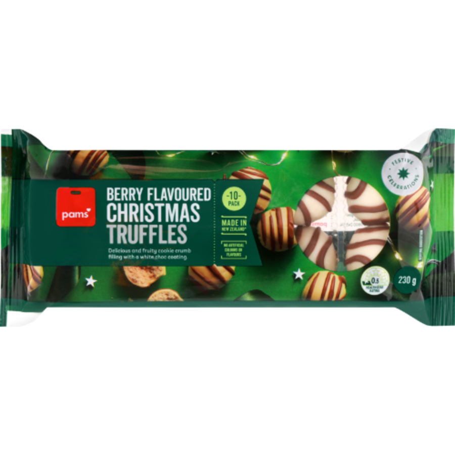 Pams Berry Flavoured Christmas Truffles 230g, bite-sized berry biscuit truffles coated in choc compound