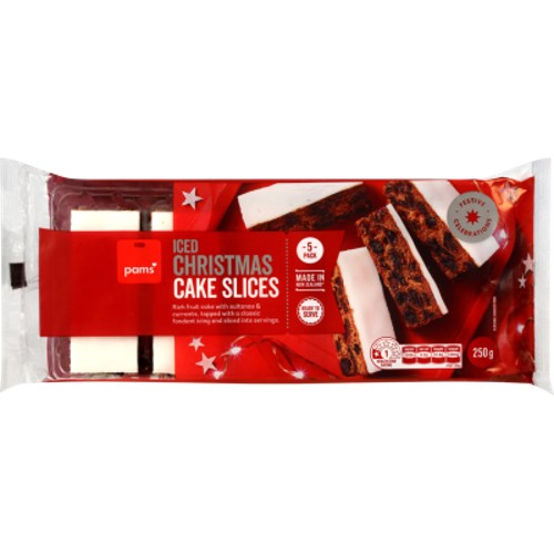 Pams Iced Christmas Cake Slices 250g, fruit cake slices topped with sweet icing