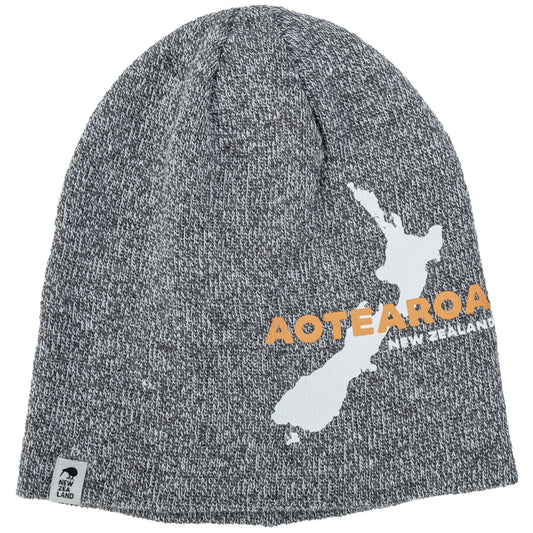 Charcoal marle Beanie Aotearoa NZ featuring an embroidered applique