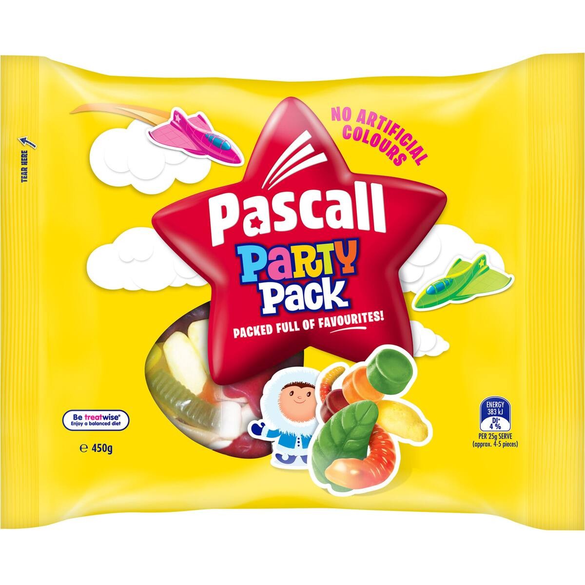 Pascall Party Pack Jumbo Bag 450g containing a mix of classic New Zealand gummy lollies like aeroplanes and mini eskimos.