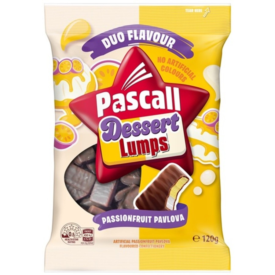 Pascall Passionfruit Pavlova Lumps 120g bag of chocolate coated marshmallow candy from New Zealand