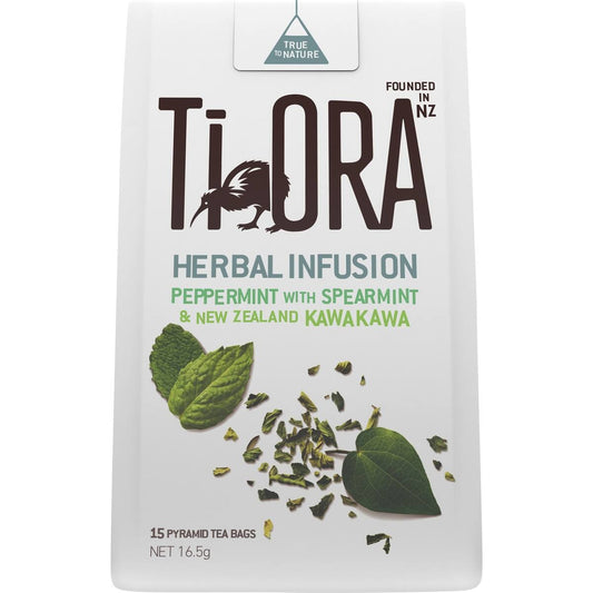 Ti Ora herbal infusion packaging with green leaves on a white background