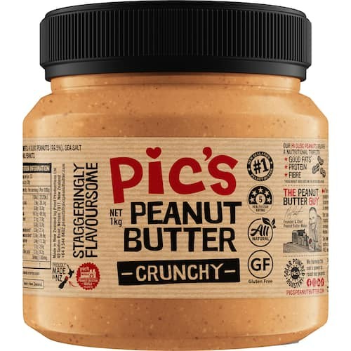 Pics Crunchy Peanut Butter 1kg jar of freshly roasted and squashed New Zealand peanuts.