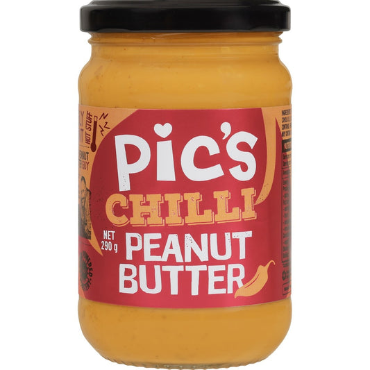 Pics Really Good Peanut Butter Chilli 290g jar with roasted peanuts and spicy chilli oil made in New Zealand.