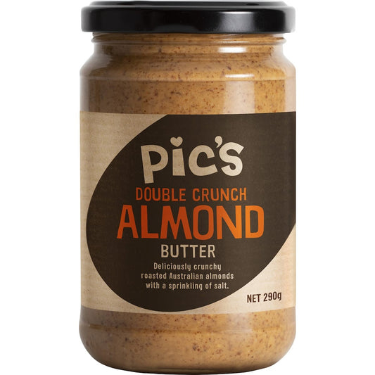 Pics Really Good Almond Butter Double Crunch 290g jar featuring crunchy roasted almonds and sea salt made in New Zealand.